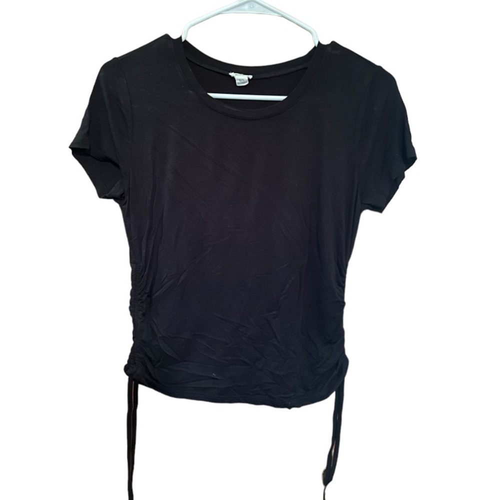 NWOT Black Short Sleeve Crew Kneck Crop Top with adjustable string waist Size L
